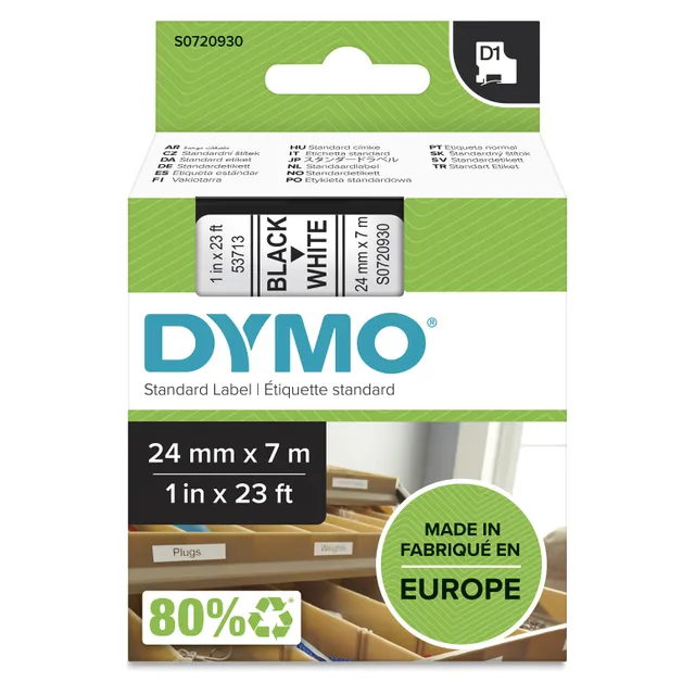 D1 märktejp standard 24mm, svart på vitt, 7m rulle (S0720930)