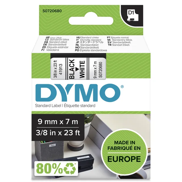 D1 märktejp standard 9mm, svart på vitt, 7m rulle (S0720680)