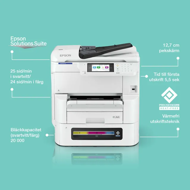 WorkForce Pro EM-C8100RDWF, A3 skrivare + scanner + kopiator + fax, 25/24 ppm ISO, 1200x2400 dpi scanner, duplex, AirPrint, USB/LAN/WiFi