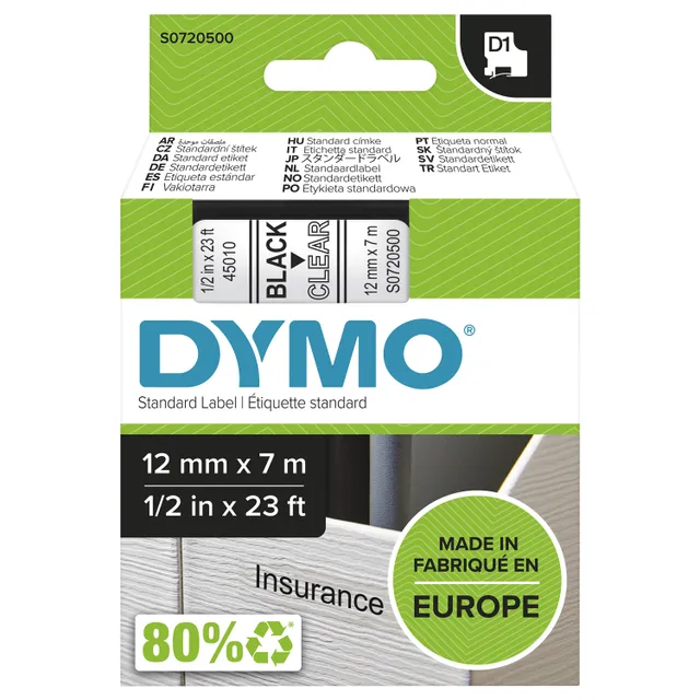 D1 märktejp standard 12mm, svart på transparent, 7m rulle (45010)