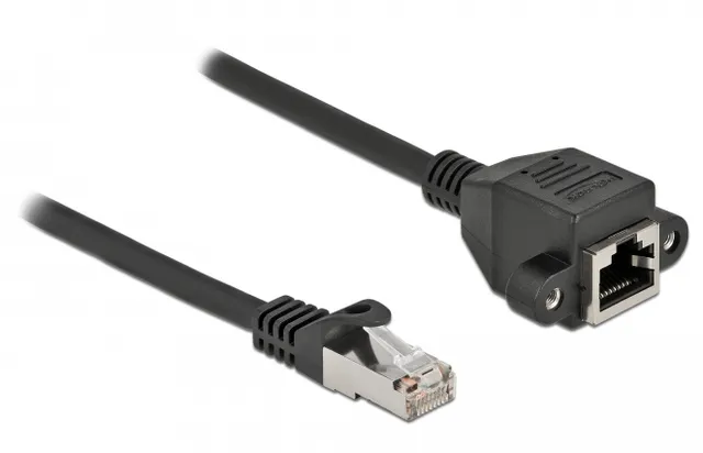 DeLOCK Nätverksförlängningskabel - RJ-45 (hane) till RJ-45 (hona) skruvbar - 25 cm - S/FTP - CAT 6a - startad, halogenfri, hakfri - svart
