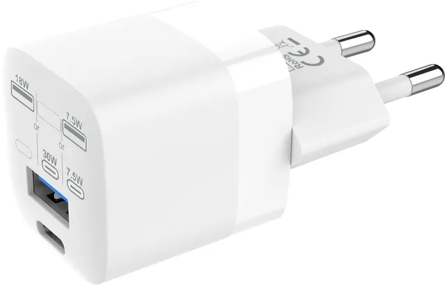 - Strömadapter - 30 Watt - 3 A - QC 3.0 - 2 utdatakontakter (USB-C, USB) - vit - Europa
