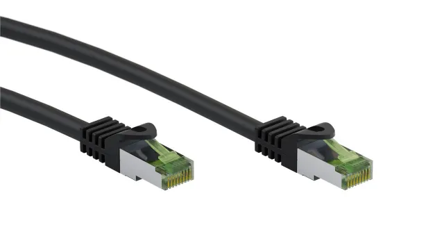 GHMT-certifierad CAT 8.1 patchkabel, S/FTP (PiMF), svart kopparledare, LSZH halogenfri kabelhölje, 0.5 m