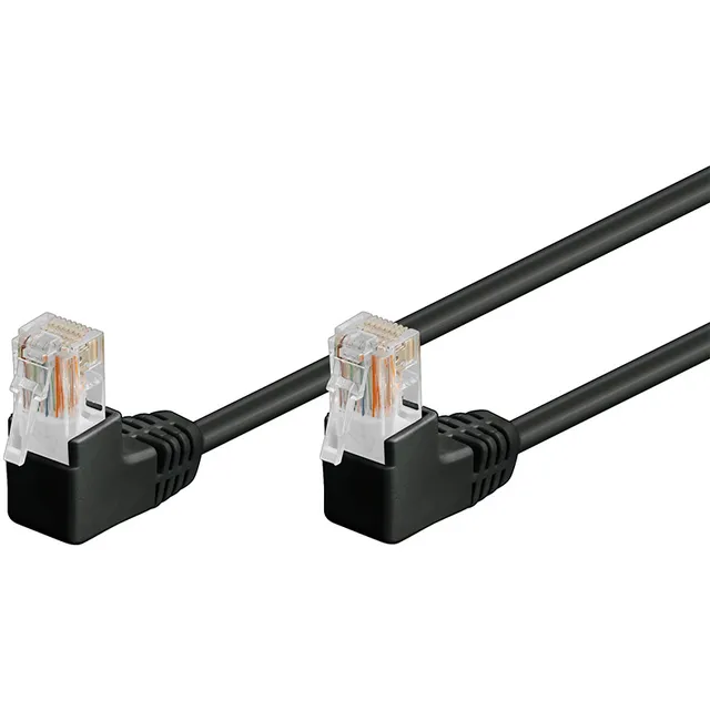 Patchkabel CAT 5e, 2x 90° vinklad, U/UTP, svart, 0,5 m kopparklädd aluminiumtråd (CCA), 2x RJ45-plugg 90 ° (8P8C)