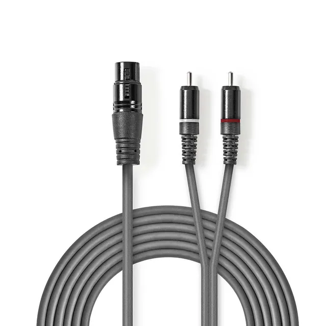 Balanserad ljudkabel | XLR 3-stifts hona | 2x RCA Hane | Nickelplaterad | 3.00 m | Rund | PVC | Mörkgrå | Kartonghylsa