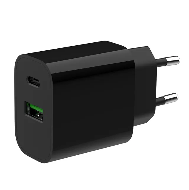 Universal GaN USB charger QC 3.0 & PD 20W 2-port - Black