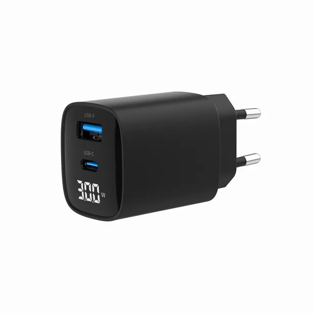 Universal GaN USB charger with LCD QC 3.0 & POD 30W 2-port - Black