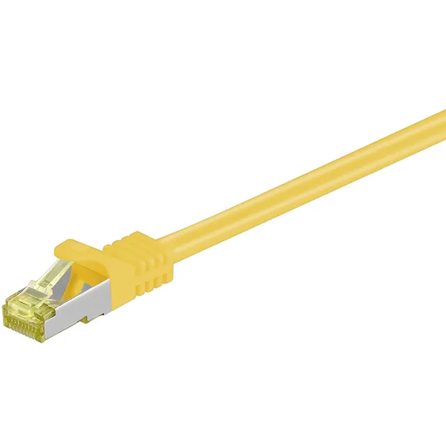 RJ45 patchkabel S/FTP (PiMF), 500 MHz, med CAT 7 råkabel, gul, 1 m LSZH halogenfri kabelhölje, koppar, RJ45-kontakt (CAT 6A)