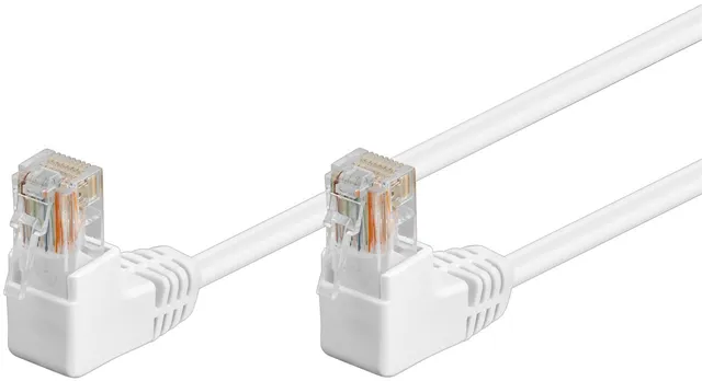 Patchkabel CAT 5e, 2x 90° vinklad, U/UTP, vit, 2 m kopparklädd aluminiumtråd (CCA), 2x RJ45-plugg 90 ° (8P8C)