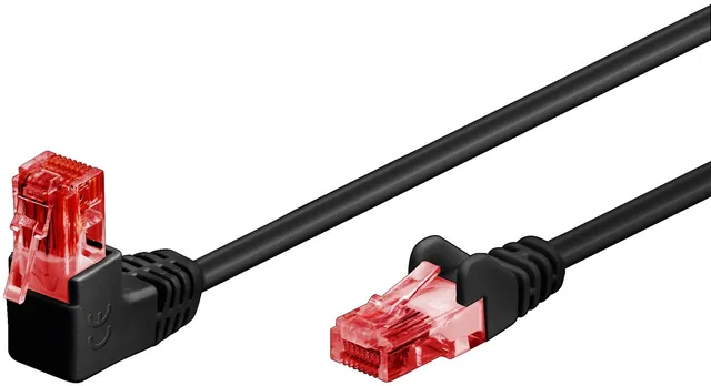 Patchkabel CAT 6, 1x 90° vinklad, U/UTP, svart kopparklädd aluminiumledare (CCA), snäpplås på toppen, 10 m