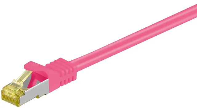 RJ45 patchkabel S/FTP (PiMF), 500 MHz, med CAT 7 råkabel, magenta, 1 m LSZH halogenfri kabelhölje, koppar, RJ45-kontakt (CAT 6A)
