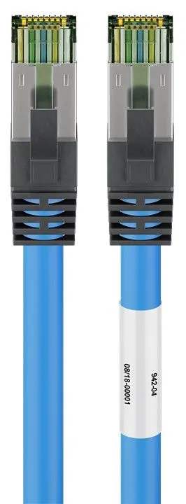 RJ45 (CAT 6A, 500 MHz) patchkabel med CAT 8.1 S/FTP rå kabel, blå 99,9 % syrefri kopparledare (OFC), AWG 24, halogenfri kabelhölje (LSZH), 20 m