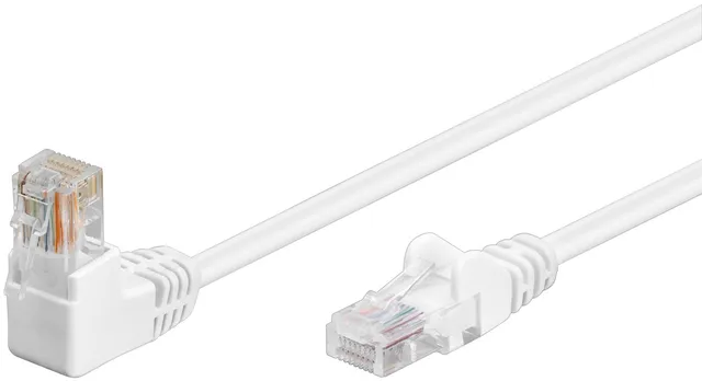 Patchkabel CAT 5e, 1x 90° vinklad, U/UTP, vit, 1 m kopparklädd aluminiumtråd (CCA), 1x RJ45-plugg 90 ° (8P8C)