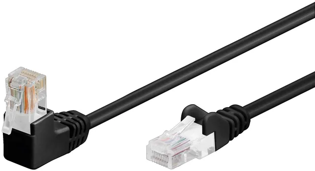 Patchkabel CAT 5e, 1x 90° vinklad, U/UTP, svart, 1 m kopparklädd aluminiumtråd (CCA), 1x RJ45-plugg 90 ° (8P8C)