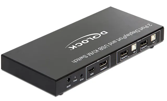 Systemswitch DeLock 11367, 2-vägs KVM, DisplayPort, USB, fjärr, ljud, svart