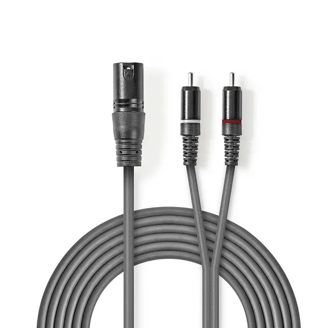Balanserad ljudkabel | XLR 3-stifts hane | 2x RCA Hane | Nickelplaterad | 3.00 m | Rund | PVC | Mörkgrå | Kartonghylsa