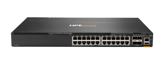 HPE Aruba 6300M - Switch - L3 - Administrerad - 24 x 10/100/1000 + 4 x 1 Gb/10 Gb/25 Gb/50 Gb SFP56 (upplänk/stapling) - framsidan och sida till baksi