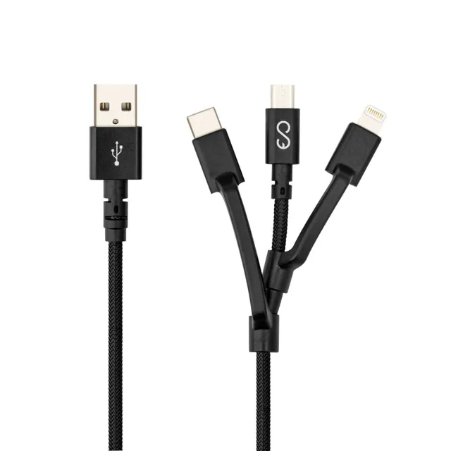 USB-A – Lightning/USB-C/Micro-USB -kaapeli, 15 W, 1,2 m, musta