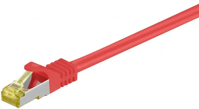 RJ45 patchkabel S/FTP (PiMF), 500 MHz, med CAT 7 råkabel, röd, 10 m LSZH halogenfri kabelhölje, koppar, RJ45-kontakt (CAT 6A)