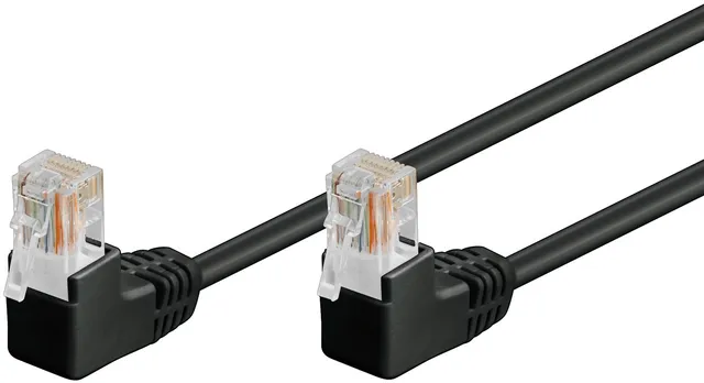 Patchkabel CAT 5e, 2x 90° vinklad, U/UTP, svart, 10 m kopparklädd aluminiumtråd (CCA), 2x RJ45-plugg 90 ° (8P8C)