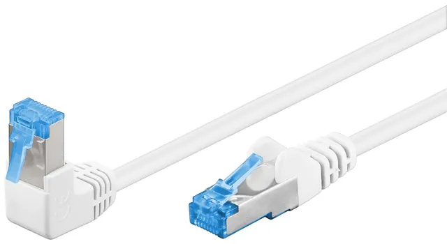 Patchkabel CAT 6A, 1x 90° vinklad, S/FTP (PiMF), vit, 1 m kopparledare (CU), halogenfri kabelhölje (LSZH), snäpplås på toppen