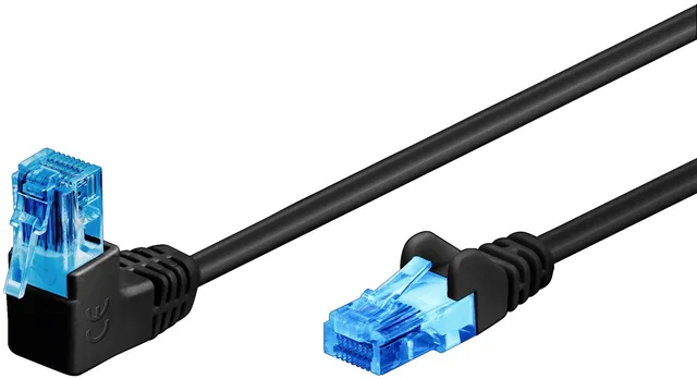 Patchkabel CAT 6A, 1x 90° vinklad, U/UTP, svart kopparklädd aluminiumtråd (CCA), snäpplås på toppen, 0.5 m