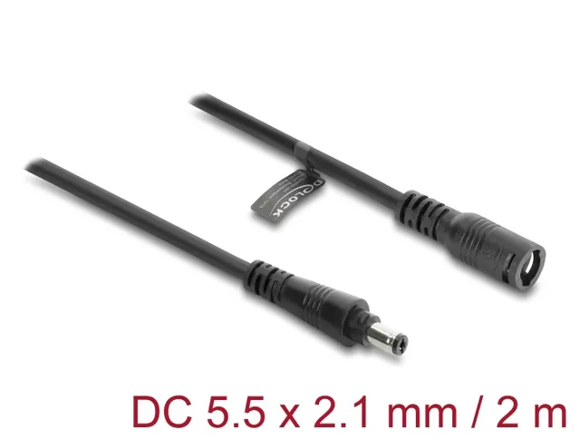 - Förlängningskabel för ström - DC jack 2.1 x 5.5 mm (hane) till DC jack 2.1 x 5.5 mm (hona) bajonettlås - 12 - 24 V - 2 m - svart