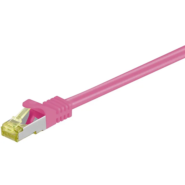 RJ45 patchkabel S/FTP (PiMF), 500 MHz, med CAT 7 råkabel, magenta, 5 m LSZH halogenfri kabelhölje, koppar, RJ45-kontakt (CAT 6A)