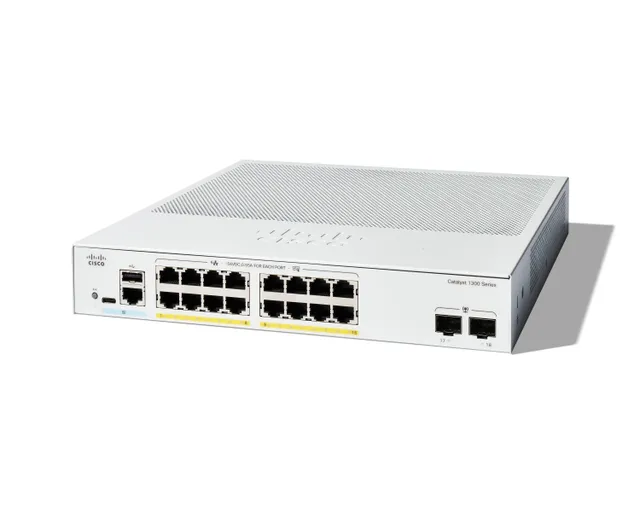 Catalyst 1300-16FP-2G - Switch - L3 - Administrerad - 16 x 10/100/1000 (PoE+) + 2 x Gigabit Ethernet SFP - rackmonterbar - PoE+ (240 W)
