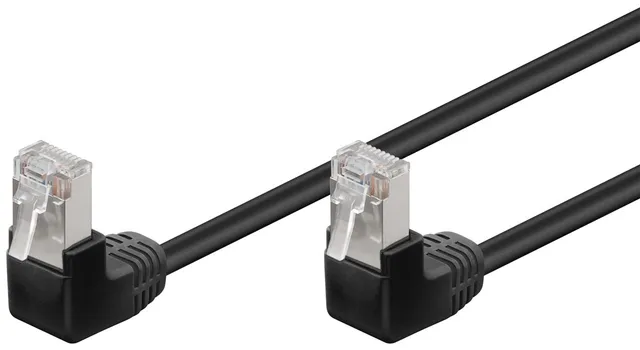 Patchkabel CAT 5e, 2x 90° vinklad, F/UTP, svart, 3 m kopparklädd aluminiumtråd (CCA), 2x RJ45-plugg 90 ° (8P8C)