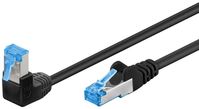 Patchkabel CAT 6A, 1x 90° vinklad, S/FTP (PiMF), svart, 3 m kopparledare (CU), halogenfri kabelhölje (LSZH), snäpplås på toppen