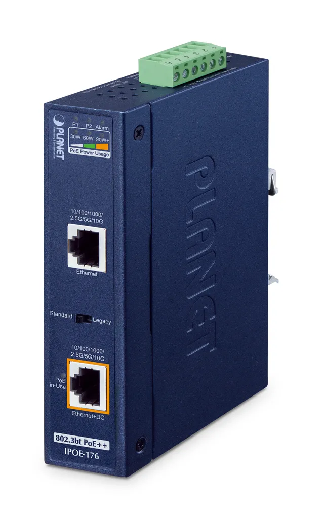 IP30 industriell single-port 10Gbps 802.3bt PoE++-injektor