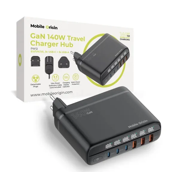 GaN 140W Travel Charger Hub PW12 EU/UK/US - 3x USB-C + 3x USB-A