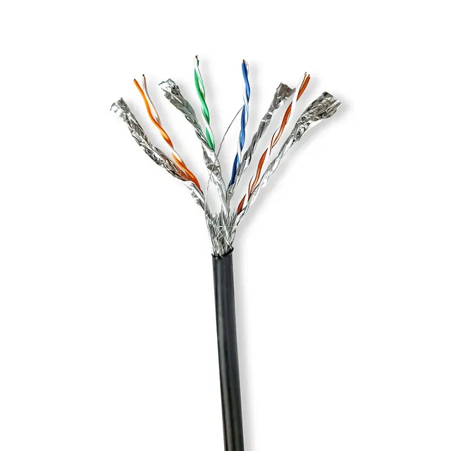 CAT7 nätverkskabel rulle | Solid | S/FTP | Bar koppar | 100 m | Utomhus | Rund | PE | Svart | Dragkorg