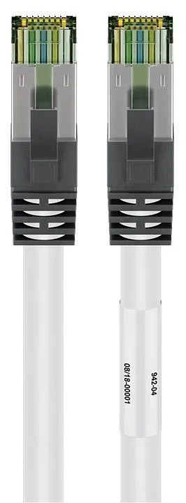 RJ45 (CAT 6A, 500 MHz) patchkabel med CAT 8.1 S/FTP rå kabel, vit 99,9 % syrefri kopparledare (OFC), AWG 24, halogenfri kabelhölje (LSZH), 7.5 m