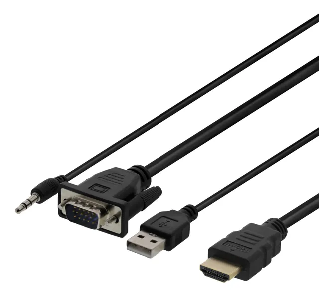 VGA- och ljudkabel till HDMI, max 1920x1080, drivs via USB, 1 meter - Svart