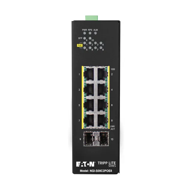 Eaton series 8-Port Lite Managed Industrial Gigabit Ethernet Switch - 10/100/1000 Mbps PoE+ 30W 2 GbE SFP Slots -10° to 60°C DIN Mount