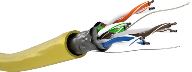 CAT 5e Nätverkskabel, F/UTP, 100 m, gul Kopparklädd aluminiumledare (CCA), AWG 26/7 (stranded), PVC-kabelhölje