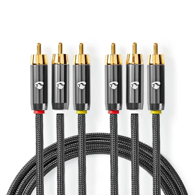Komposit videokabel | 3x RCA Hane | 3x RCA Hane | Guldplaterad | 480p | 2.00 m | Rund | Bomull | Antracit / Grått Med Metall | Kartong med täckt fönster