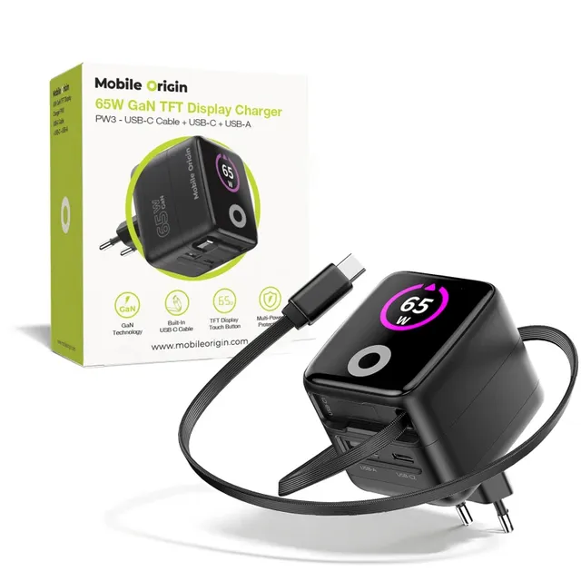 65W GaN Display Charger PW3 - USB-C Self-Retracting Cable + USB-C + USB-A