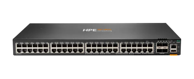 HPE Aruba 6300F - Switch - L3 - Administrerad - 48 x 10/100/1000 + 4 x 1 Gb/10 Gb/25 Gb/50 Gb SFP56 (upplänk/stapling) - framsidan och sida till baksi