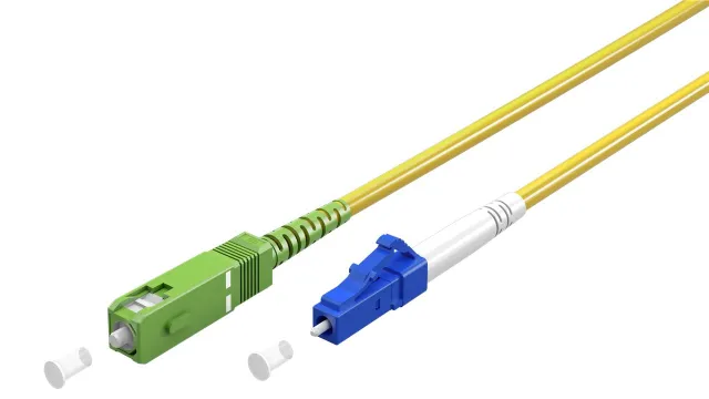 Fiberoptisk kabel (FTTH), Singlemode (OS2) Yellow, gul (Simplex), 1 m plugg SC-APC (8°) > LC plugg (UPC), halogenfri kabelhölje (LSZH)