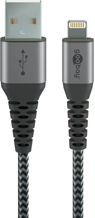 Lightning till USB-A-textilkabel med metallpluggar 0,5 m elegant och extra robust anslutningskabel för t.ex. Apple iPhone, iPad (Apple MFi certifierad)