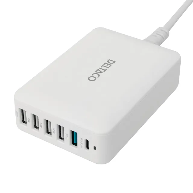 USB-laddningsstation med 6 portar USB-A & USB-C, 60 W, vit