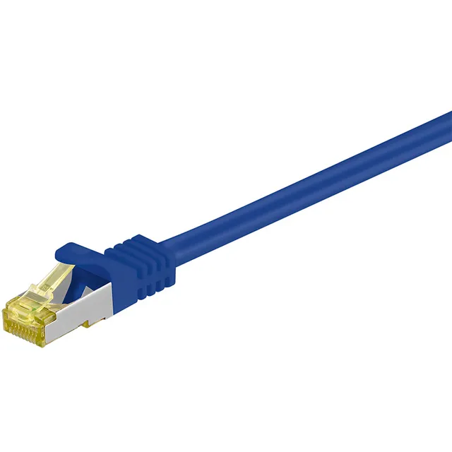 RJ45 patchkabel S/FTP (PiMF), 500 MHz, med CAT 7 råkabel, blå, 1 m LSZH halogenfri kabelhölje, koppar, RJ45-kontakt (CAT 6A)
