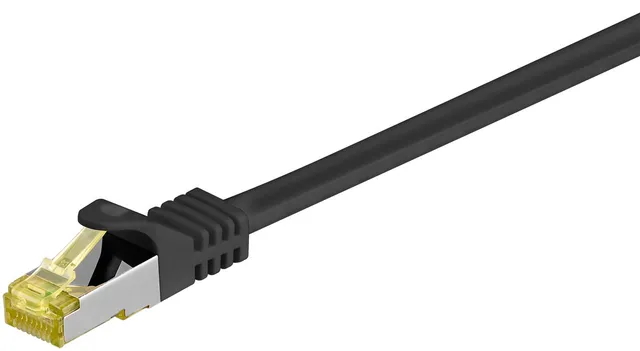RJ45 patchkabel S/FTP (PiMF), 500 MHz, med CAT 7 råkabel, svart, 0,25 m LSZH halogenfri kabelhölje, koppar, RJ45-kontakt (CAT 6A)