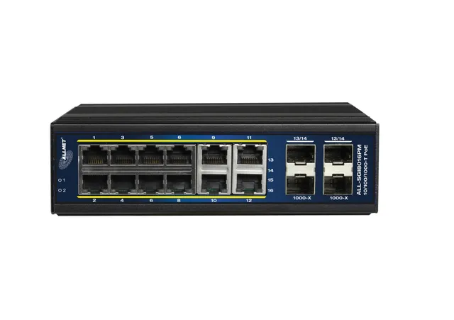 ALL-SGI8016PM, 12xPoE+ GbE, 4xGbE, 4xSFP, fläktlös, DIN-skena, 360W PoE, Smart Layer2+