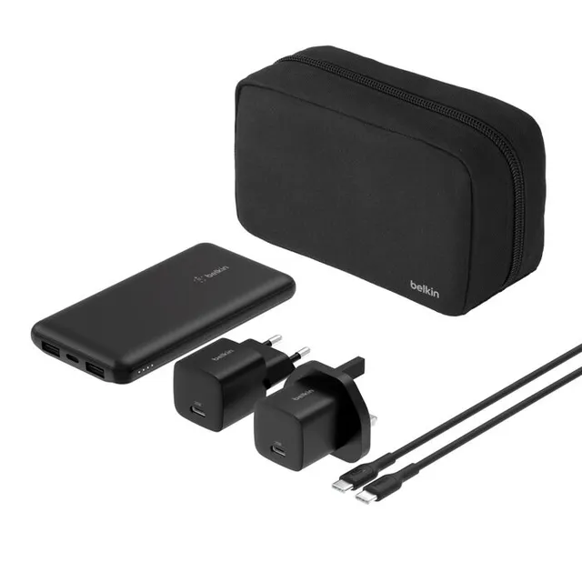 BoostCharge - Power bank + växelströmsadapter - 10000 mAh - 3 utdatakontakter (USB-C, 2 x USB) - på kabel: USB-C - med fickfodral med dragkedja