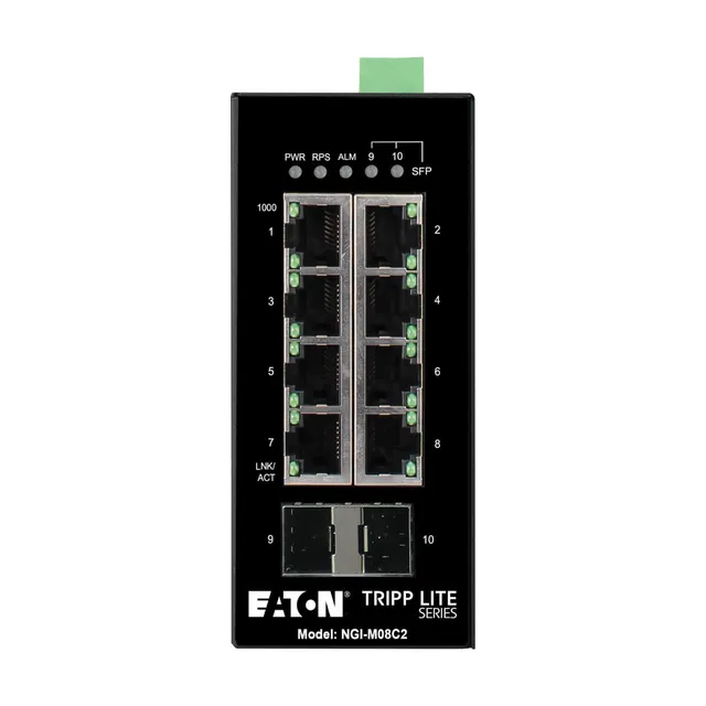 Eaton series 8-Port Managed Industrial Gigabit Ethernet Switch - 10/100/1000 Mbps 2 GbE SFP Slots -40° to 75°C DIN Mount