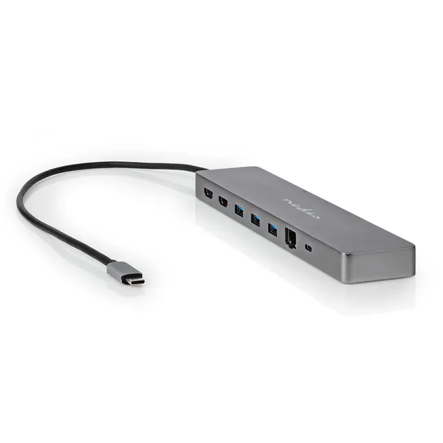 USB Multi-Port Adapter | 10-in-1 | USB 3.2 Gen 1 | USB-C™ Hane | Micro SD / RJ45 Hona / SD / 2x HDMI™ / 2x USB-C™ / 3x USB-A Hona | 0.40 m | Rund | Guldplaterad | TPE | Antracit | Låda